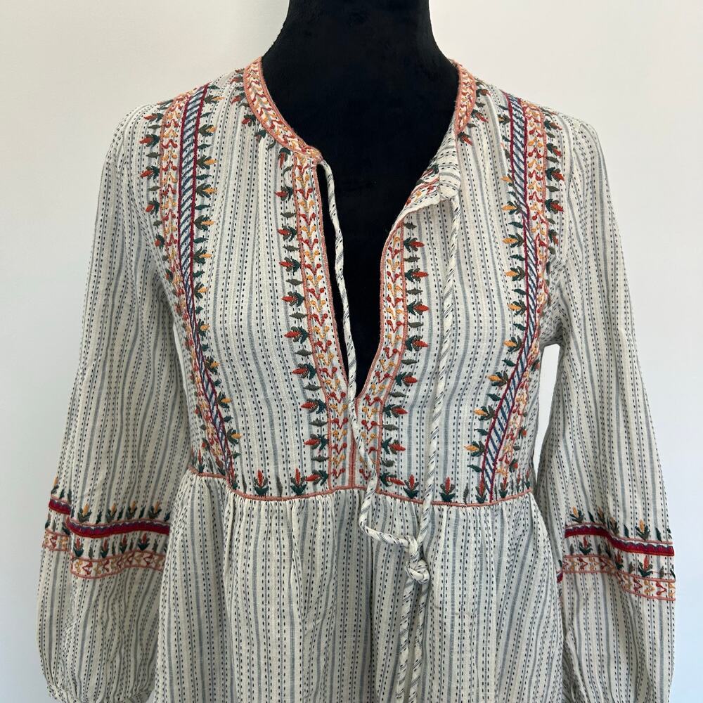 Zara TRF Trafaluc Striped Embroidered Mini Peasant Dress, Size ZS